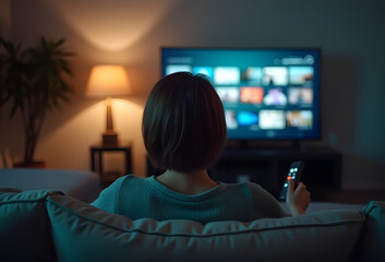A woman sits on a sofa holding a remote and watching television