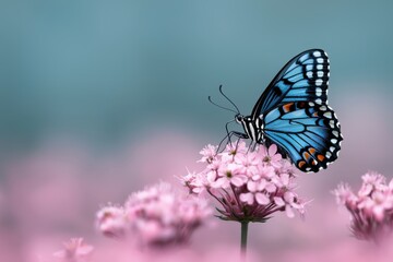 Obraz premium Stunning close up image of a vibrant and colorful butterfly perched gracefully on a bed of delicate wildflowers capturing the beauty and fragility of nature s intricate ecosystem