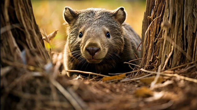 Discover the charming life of a young wombat exploring the lush Australian bush in the warm afternoon sunlight