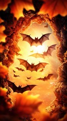 Bats Flying Through Vibrant Autumn Leaves in a Mystical Golden Light Atmosphere