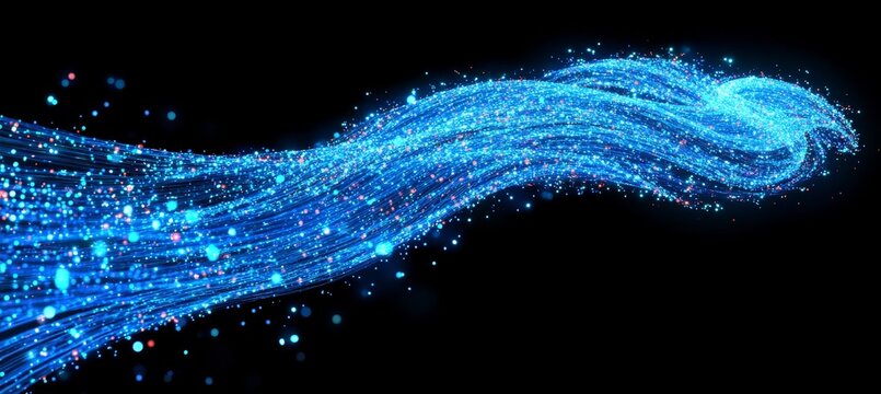 Abstract Swirling Stream of Vibrant Blue Particles on a Black Background, Digital Art