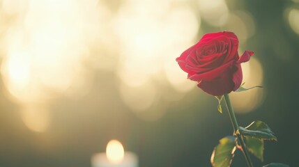 Tranquil evening scene with red rose and soft candlelight for romantic design
