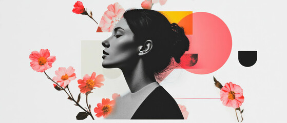 Minimalist collage of geometric shapes and flowers with a black-and-white cutout figure