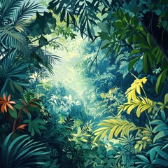 Naklejka premium Lush Tropical Rainforest Scene With Vibrant Greenery