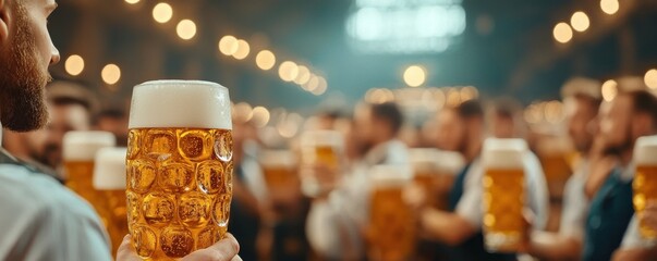 Oktoberfest Beer Garden with Lively Crowd and Illuminated Atmosphere  A festive and convivial scene of people gathering laughing