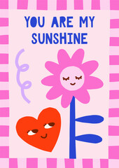 Hand drawn simple groovy illustration in playful frame with heart and flower characters. Cute cutout style Valentine's Day vector card