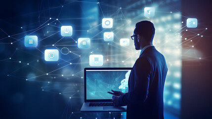 Side view of businessman using laptop with glowing social media interface. Toned image double exposure