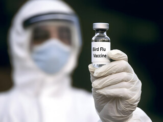 Doctor in protective gear holding vial labeled Bird Flu Vaccine, showcasing importance of vaccination in healthcare. image emphasizes safety and medical research