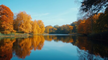 Obraz premium Serene Autumn Lake Surrounded by Golden Trees and Clear Blue Sky