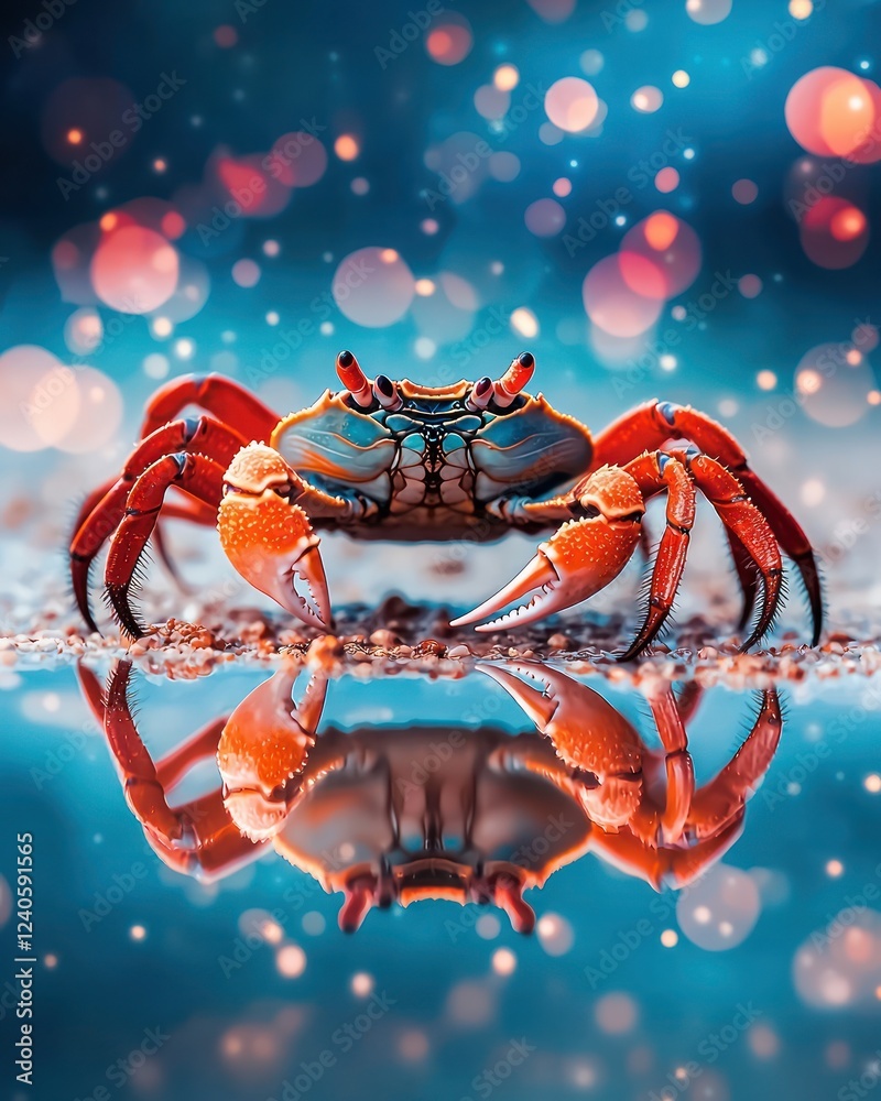 Aufkleber colorful crab on sandy beach surface with reflective water and soft bokeh background in blue and red
