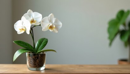 White orchid plant on a wooden table with a small glass pot, flower arrangement, small glass pot
