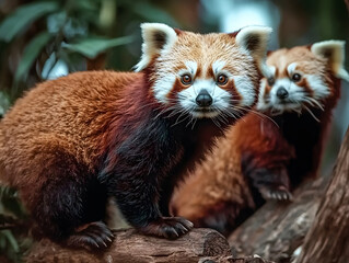 Fototapeta premium Close-up View of a Rare Red Panda Exploring Its Natural Habitat Amid Lush Greenery During Daylight Hours