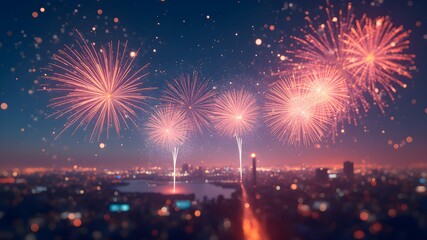 Obraz premium Urban night view under gorgeous fireworks