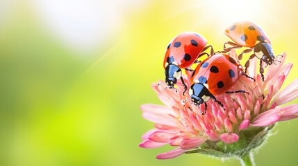 Naklejka premium Colorful Ladybugs on Pink Flower Petals Against a Soft Green Background Under Gentle Sunlight