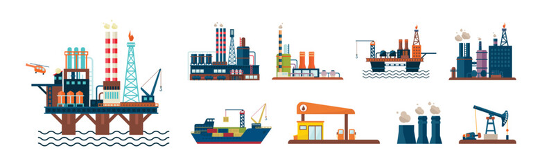 Fototapeta premium Oil Industry and Fuel Manufacture and Extraction Vector Set