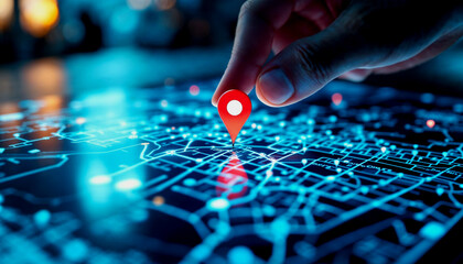 Naklejka premium Hand selecting a location on a digital city map at night.