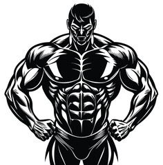 Silhouette of a professional bodybuilder striking a classic flex pose. Defined, muscular form showcases strength, discipline, and peak physical condition. Ideal for fitness branding, gym posters.