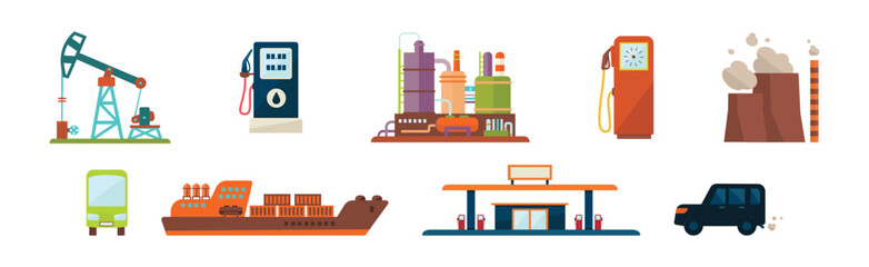 Oil Industry and Fuel Manufacture and Extraction Vector Set
