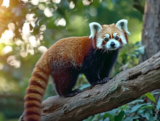 Close-up View of a Rare Red Panda Exploring Its Natural Habitat Amid Lush Greenery During Daylight Hours
