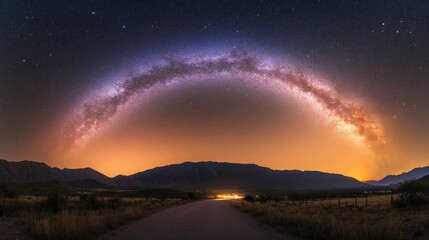 Majestic milky way arcing over tranquil mountain landscape at night