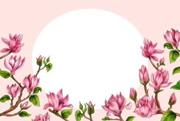 roundDelicate frame with pink magnolia flowers, round. Ideal for greeting cards, photos, banners and social media posts 