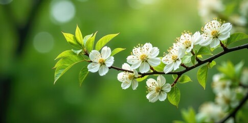Fototapeta premium White flowers in clusters on black locust tree branches, blooming, foliage, locust tree