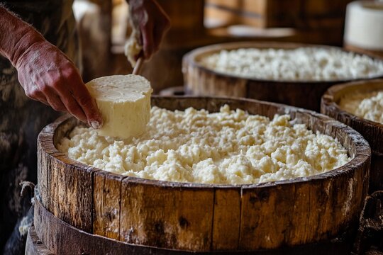 A cheesemaker carefully pressing curds into wooden molds as part of the traditional cheese-making process