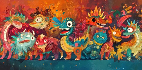 A Colorful Group of Fantasy Dragons and Monsters