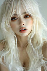 Fototapeta premium Portrait of a woman with white hair and striking makeup in a soft, natural setting showcasing beauty and style