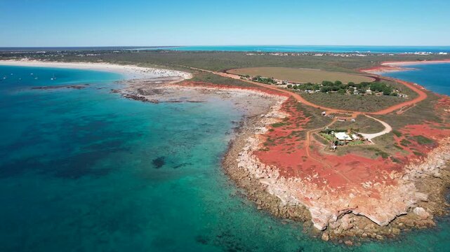 Aerial view of beautiful Gantheaume Point with cliffs and tranquil beach, Broome, Australia.