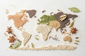 World map crafted from various cereals showcasing agricultural distribution across continents in an artistic arrangement