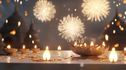 Banner design for diwali festival and podium,Diwali light decoration candle with fireworks,Stage,Product display Showcase design sparkle background,Deepavali,Dipavali,3D podium illustration.