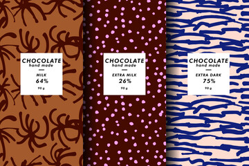 Vector set of templates contemporary abstract cover and patterns for chocolate and cocoa packaging with labels. Minimal modern backgrounds