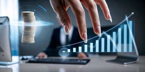woman hand on financial growth chart, digital graph, glowing statistics and hand touching pointing, futuristic interface, blue technology background, data visualization, touchscreen display, modern