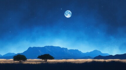 Fototapeta premium Serene desert night with full moon, starry sky, and silhouetted trees