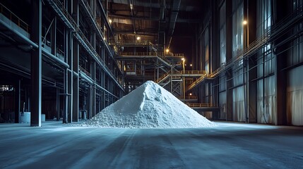 A large pile of ammonium sulfate inside chemical plant warehouse