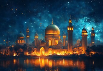 Fototapeta premium Mystical Cityscape at Night with Golden Domed Mosque and Glowing Towers