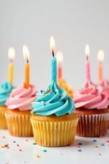 Six colorful frosted cupcakes, candles ablaze, pure white backdrop , baking, candles, six