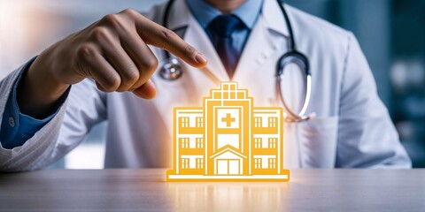 Medical professional, glowing holographic building, futuristic healthcare, doctor's hand, stethoscope, blue tones, technological advancement, virtual architecture, healthcare 