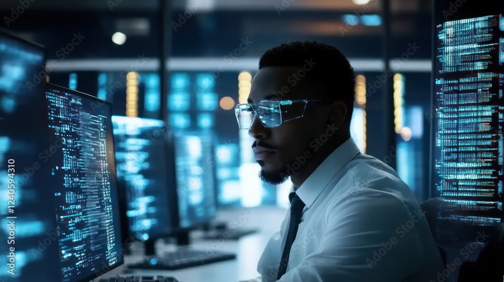 Poster professional working in a tech hub analyzing data on screens