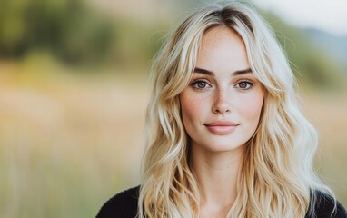 Fototapeta premium Portrait of a young woman with wavy blonde hair and natural beauty against a soft focus nature background