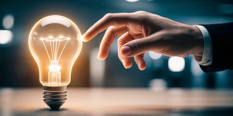 Light bulb, creative idea, glowing illumination, hand reaching, spark of inspiration, innovation concept, digital composite, ethereal atmosphere, business vision, electric power, technological advance