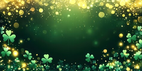Obraz premium St. Patrick's Day banner background with shamrocks and bokeh lights, glitter light effects. green glowing design for a St. Patrick's Day party decoration or greeting card template.
