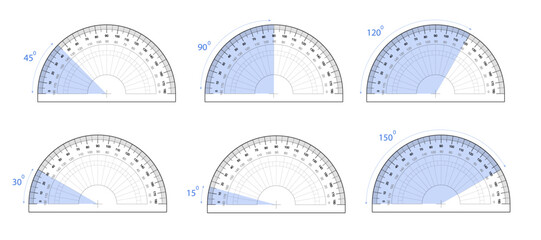 Protractor displaying various angle markings. Measuring tool with different angles marked, ideal for math and engineering. PNG
