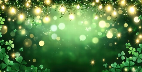 Obraz premium St. Patrick's Day banner background with shamrocks and bokeh lights, glitter light effects. green glowing design for a St. Patrick's Day party decoration or greeting card template.
