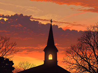 Obraz premium Spiritual Church Steeple Silhouetted Against Vibrant Sunset with Bare Trees