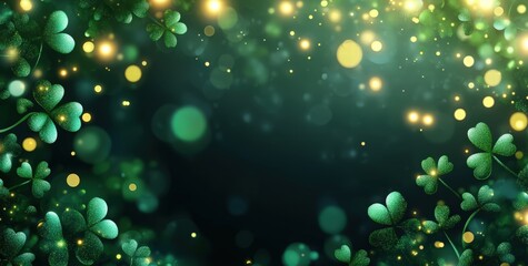Obraz premium St. Patrick's Day banner background with shamrocks and bokeh lights, glitter light effects. green glowing design for a St. Patrick's Day party decoration or greeting card template.
