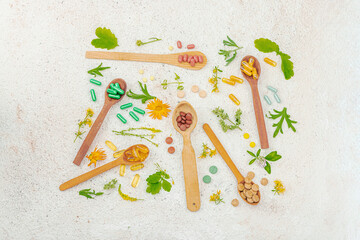Plant based supplements, natural vitamins, fresh herbs and flowers. Organic ingredients medication