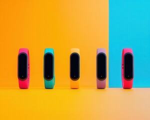 digital fitness workouts goals. A chic product lineup of wearable fitness bands syncing to apps with gamified goal-setting features, digital fitness, technology for goal achievement