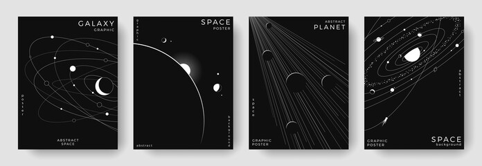 Set of abstract space astronomy backgrounds. Line art galaxy, universe, planet, solar system. Science future concept. Cosmic minimalist design for cover, poster, layout, banner, flyer, brochure © Anastasiya Stoma